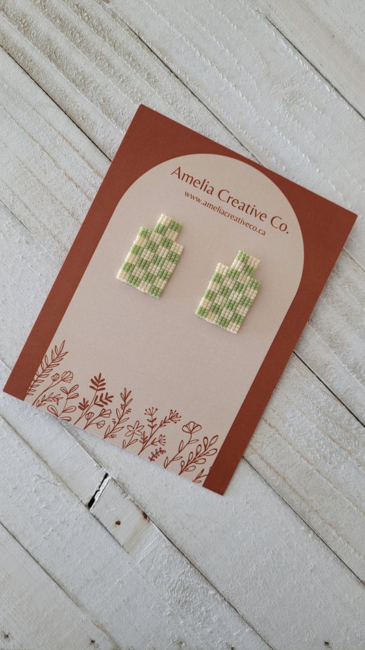 Green Checkered Beaded Earrings