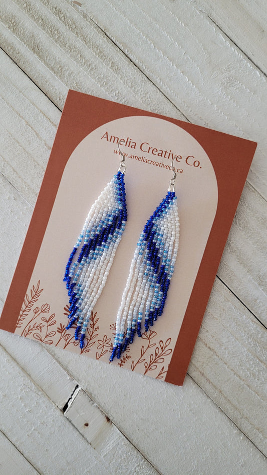 Blue and White Fringe Beaded Earrings