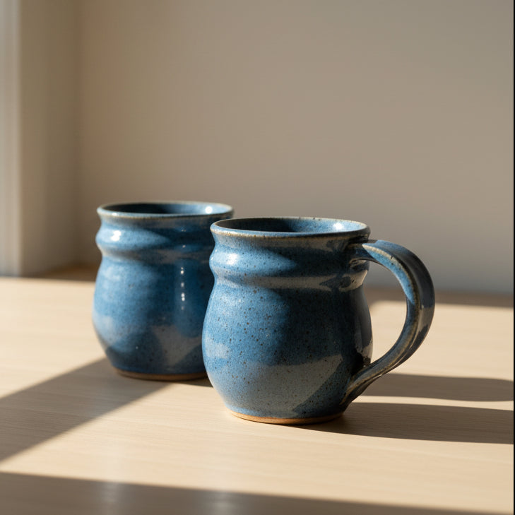 Two blue handmade ceramic mugs