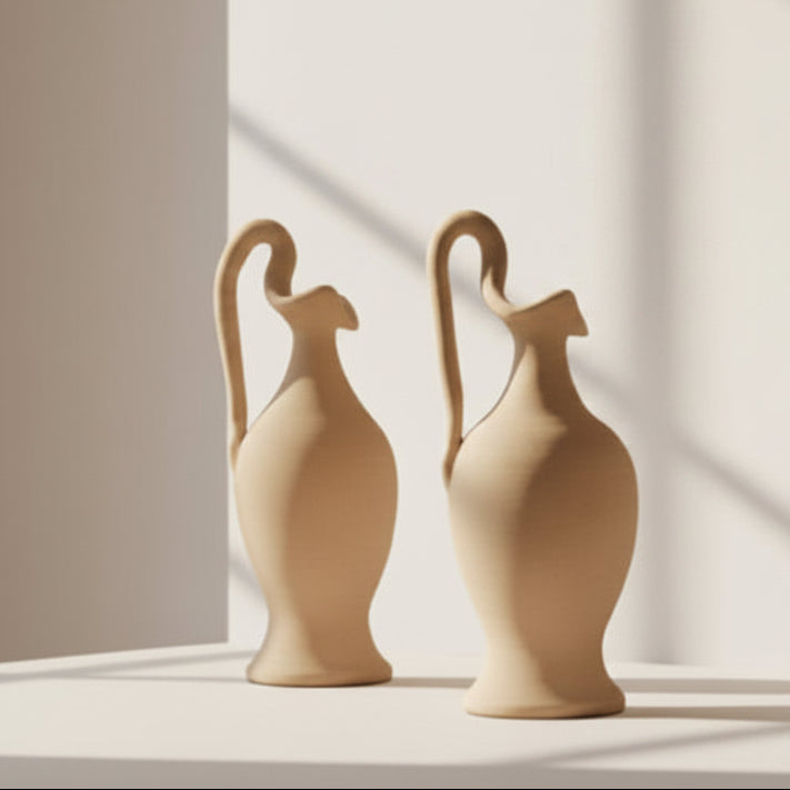 Two beige vases with handles on a light surface with a neutral background