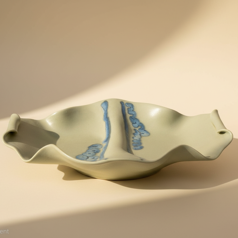Sage green ceramic serving dish with blue glaze accents