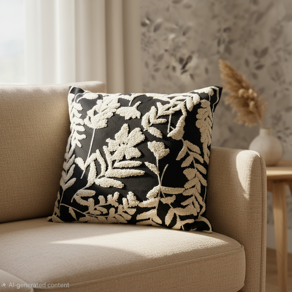Black & White Floral Tufted Pillow