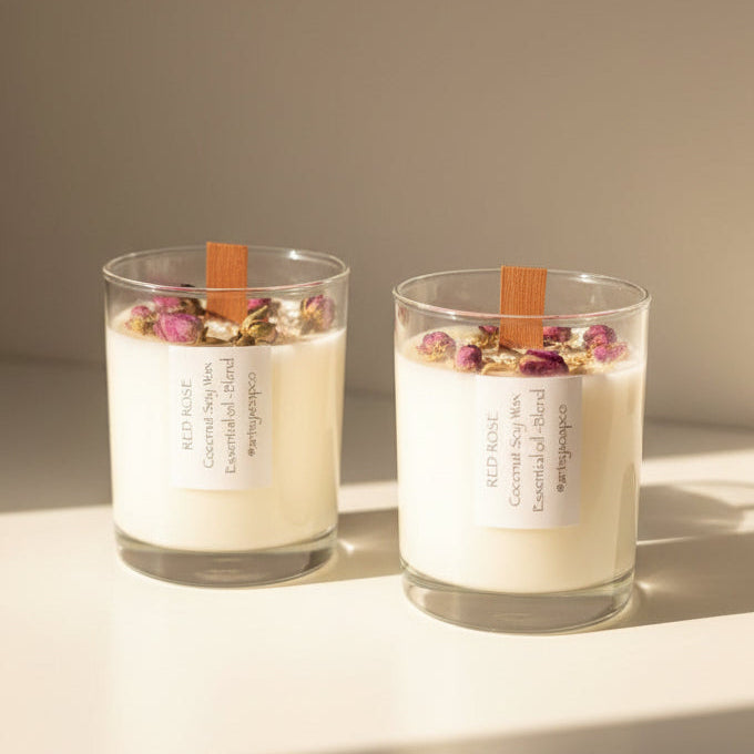 Soy wax candles in glass jars with dried rose buds