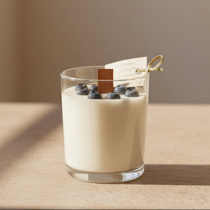 Handmade candle with wax blueberries in a galss jar