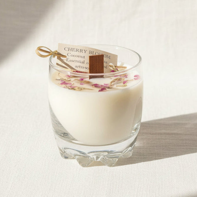 Soy candle in glass jar with wooden wick and dried florals