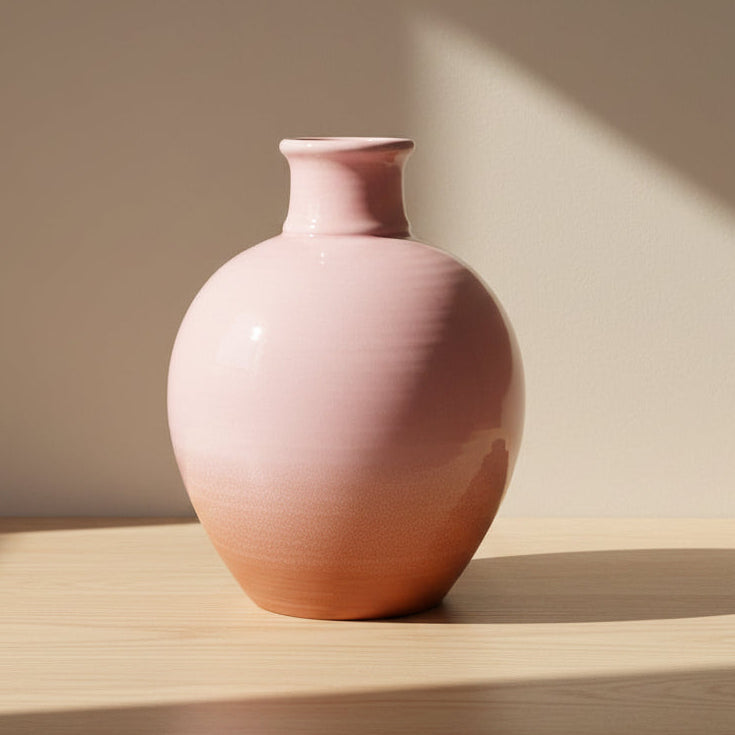A glossy pink ceramic vase with a rounded body and a short neck and exposed terracotta base