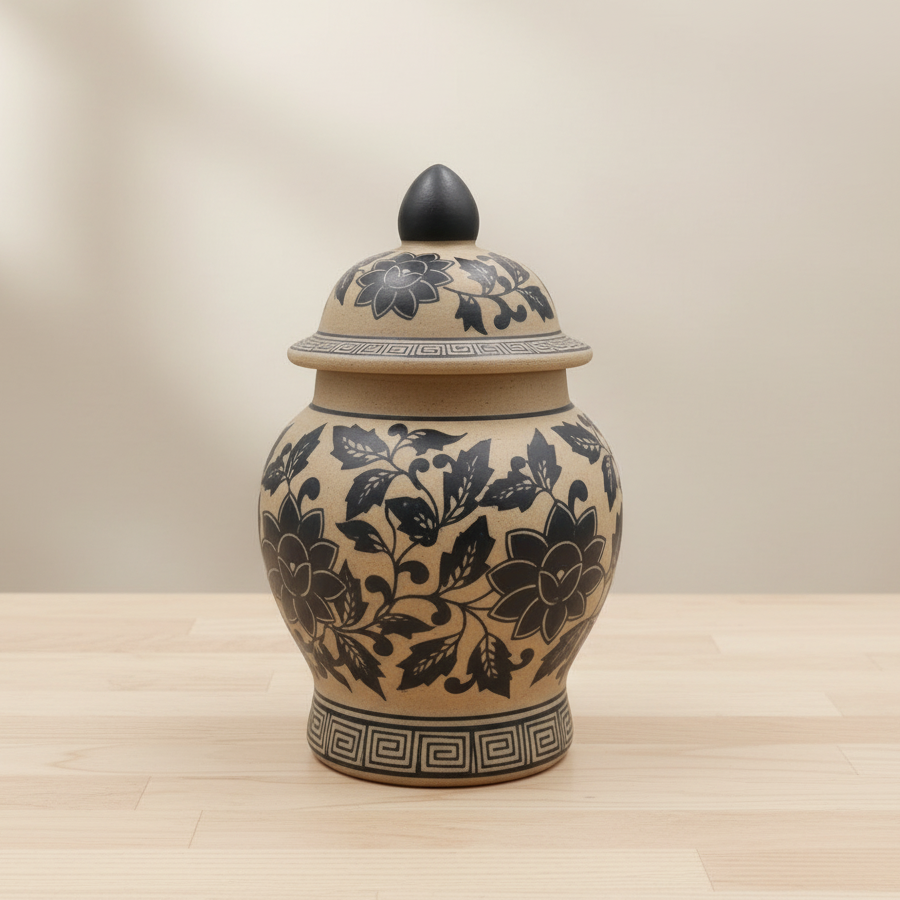 Ceramic jar with black floral pattern