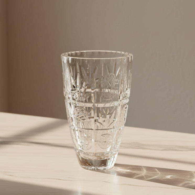 A clear cut-crystal style vase with a tapered conical shape