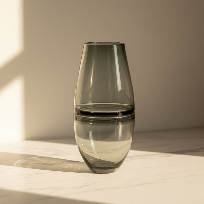 Grey glass vase with stripped center