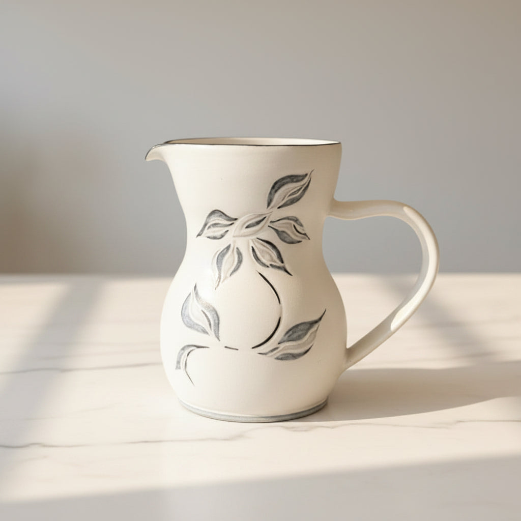 White ceramic pitcher with leaf design
