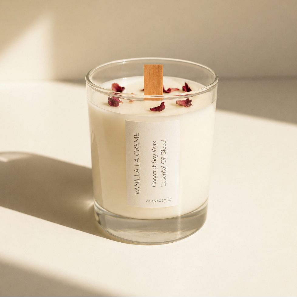 Candle in glass jar with rose petals