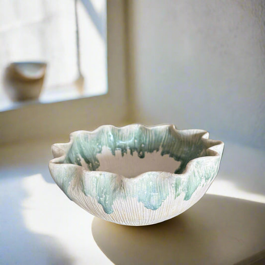 White and Aqua Scalloped Bowl