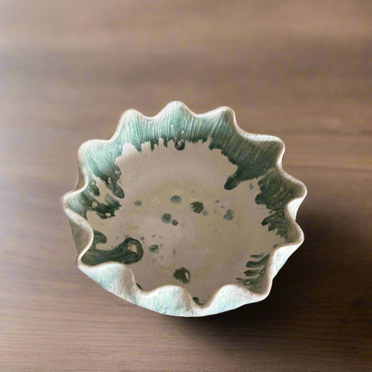 White and Aqua Scalloped Bowl