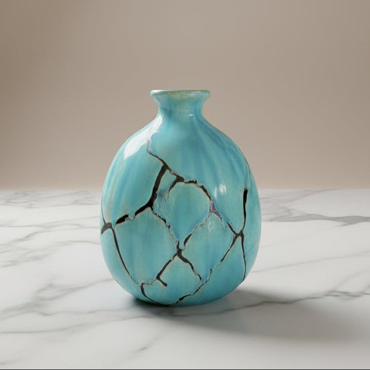 Turquoise ceramic vase with brown crackle design