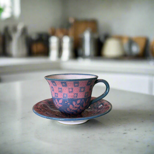 Pink and Blue Patterned Cup and Saucer