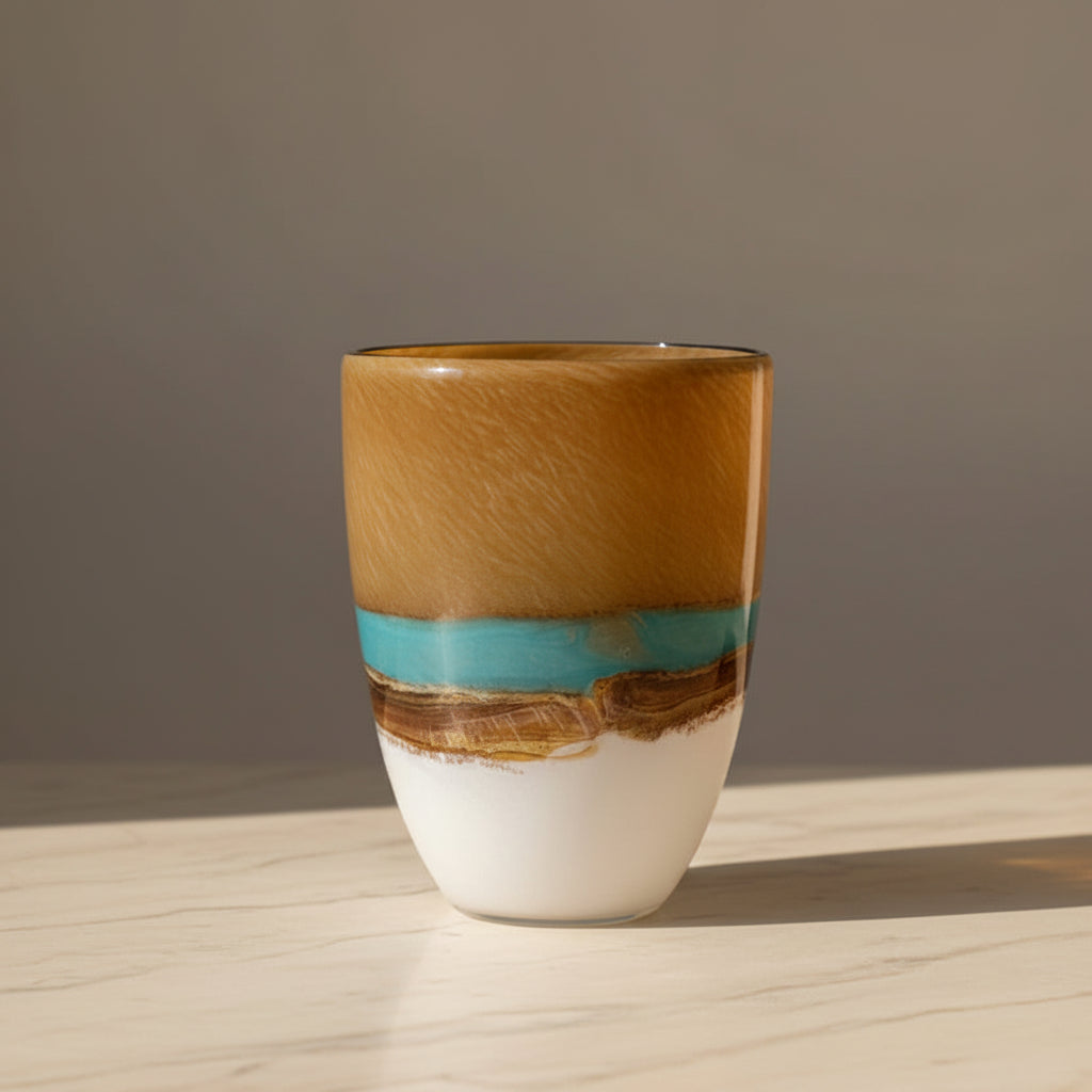 Vase with brown, turquoise, and white design