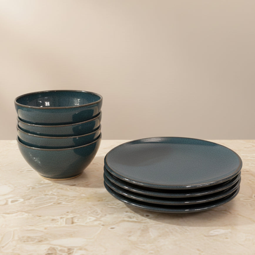 A set of blue ceramic tableware