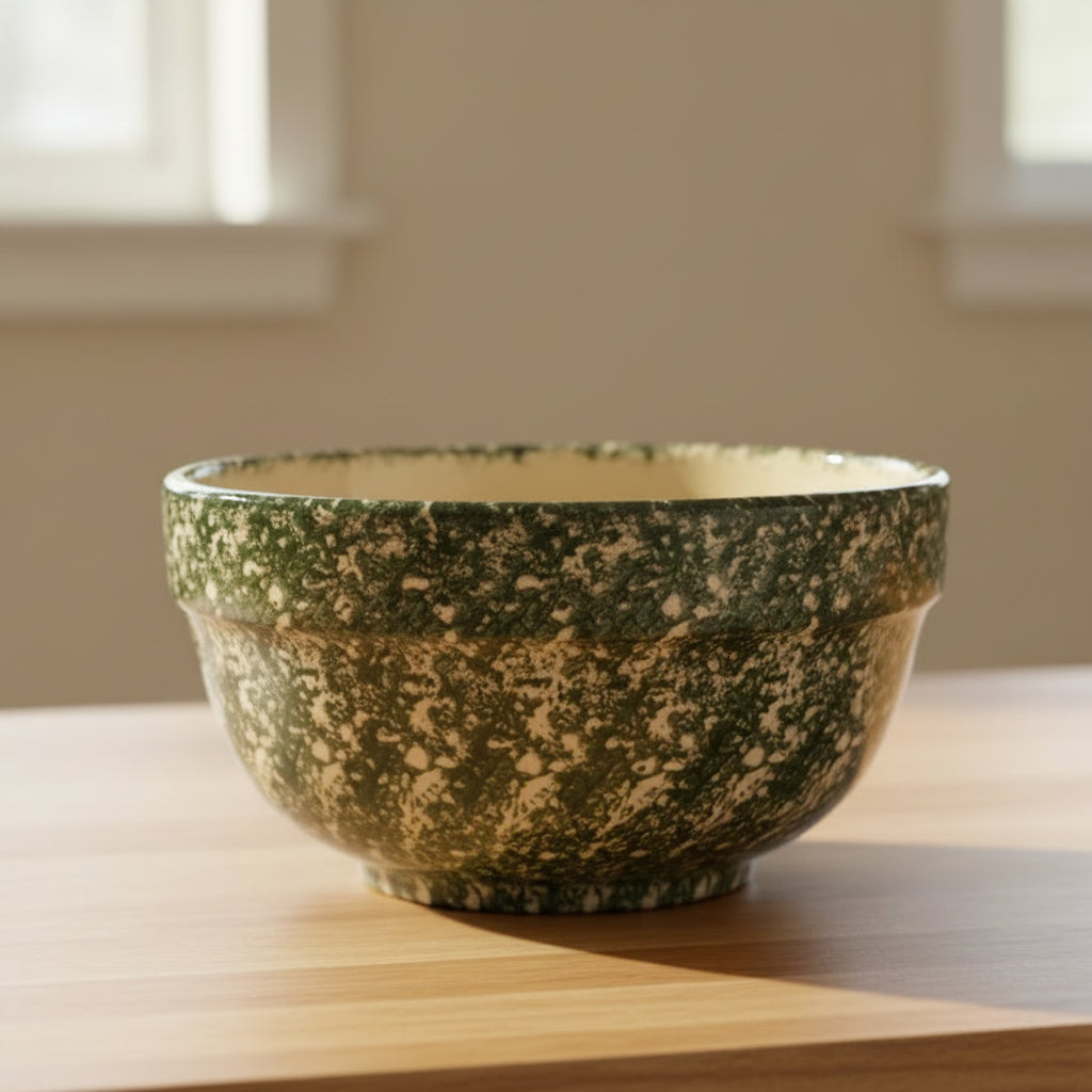 A ceramic bowl with green spongeware pattern