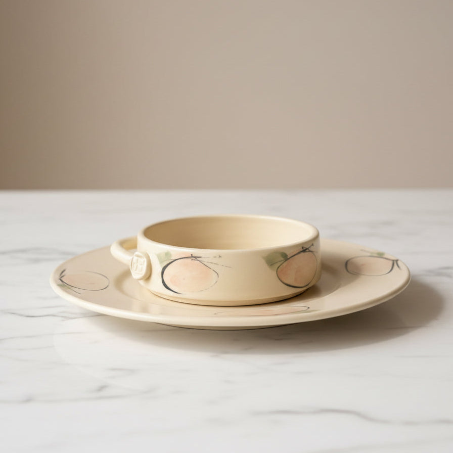 Ceramic servingwear with painted peach deisgn