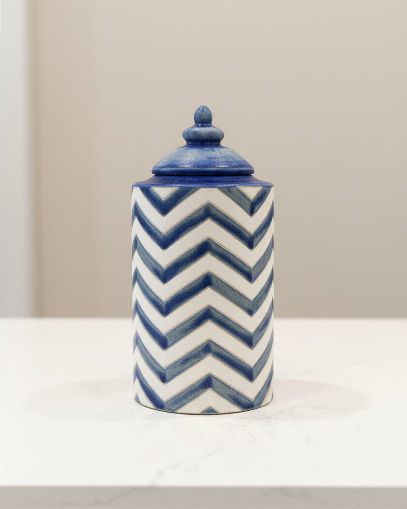 Blue and White Chevron Jar