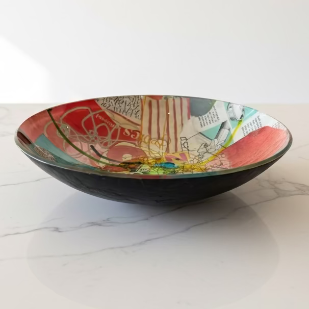 Decorative glass bowl with colourful design