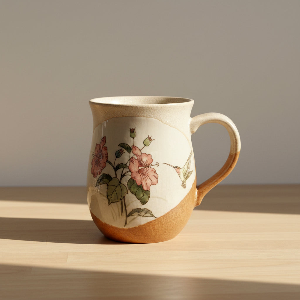 A ceramic mug with a speckled beige and brown glaze, decorated with pink hibiscus flowers, green leaves, and a hummingbird