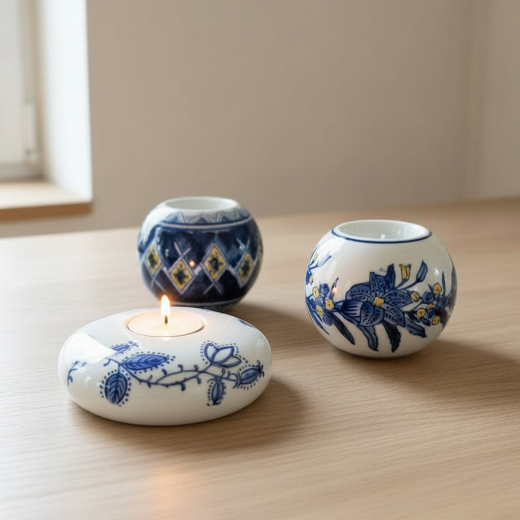 Three small decorative blue-and-white ceramic candle holders