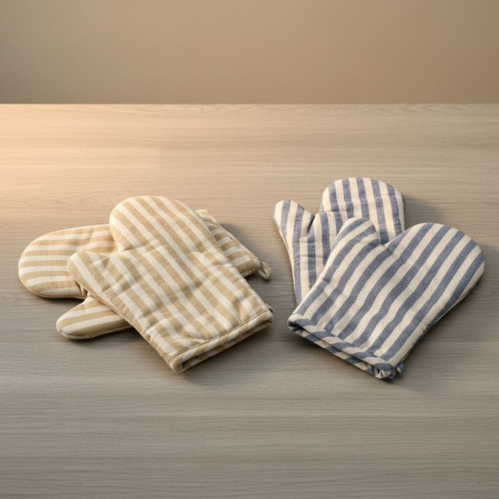 Striped oven mitts in light blue and beige