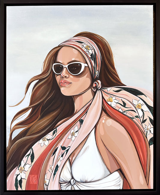 Painting of a woman wearing sunglasses and a floral headscarf