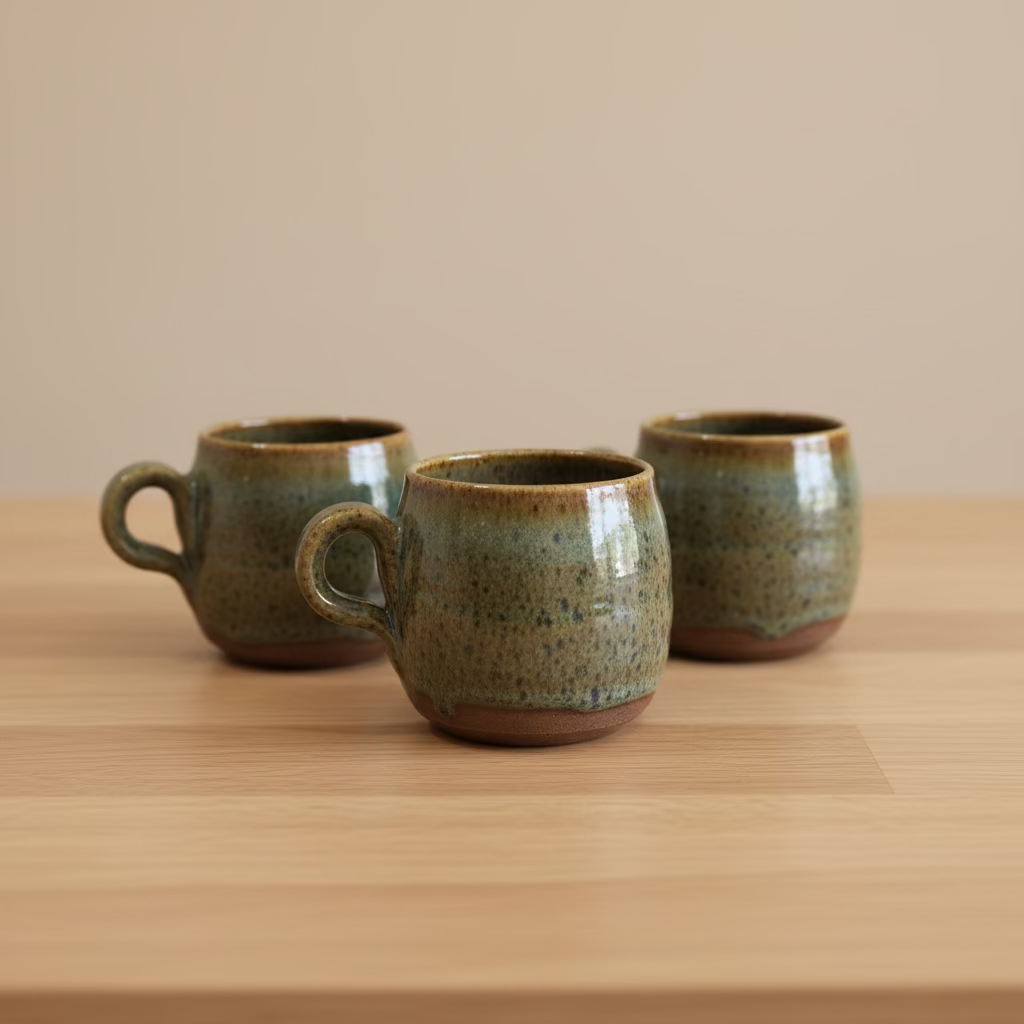 Handmade ceramic mugs with a speckled green and brown glaze and a rustic brown rim.