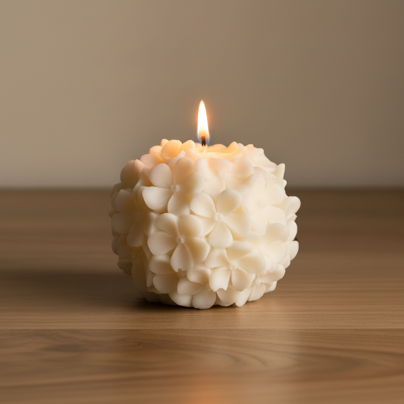 A white, floral sculptural candle with a lit candle showing a cotton wick.