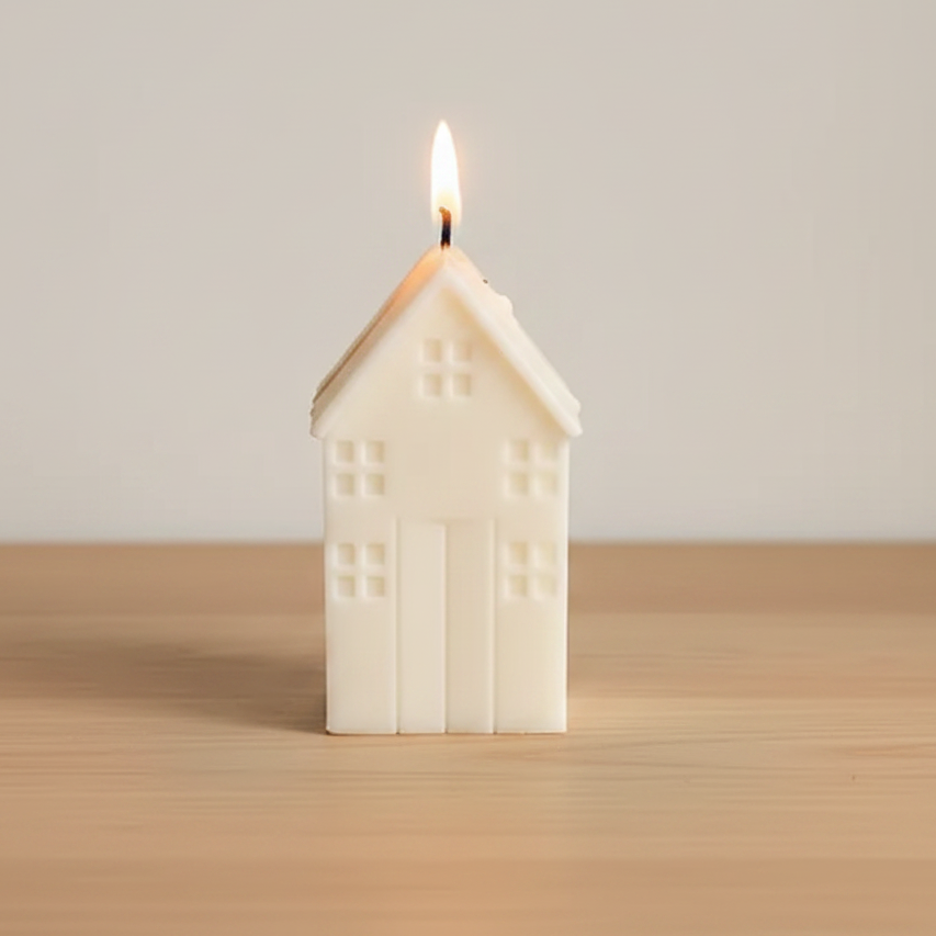 A house-shaped candle with a lit flame