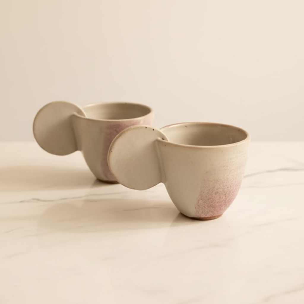 Two handmade ceramic mugs with integrated handles and lids, featuring a dusty rose pink wash at the base.