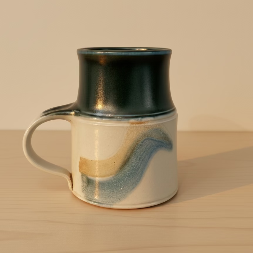 A handmade ceramic mug with a dark green glazed upper body and handle, and a cream-colored lower body featuring a blue and tan wavy glaze design.