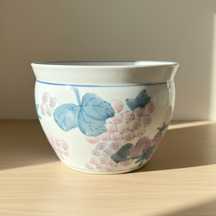 A white ceramic planter pot decorated with blue leaves and grapes