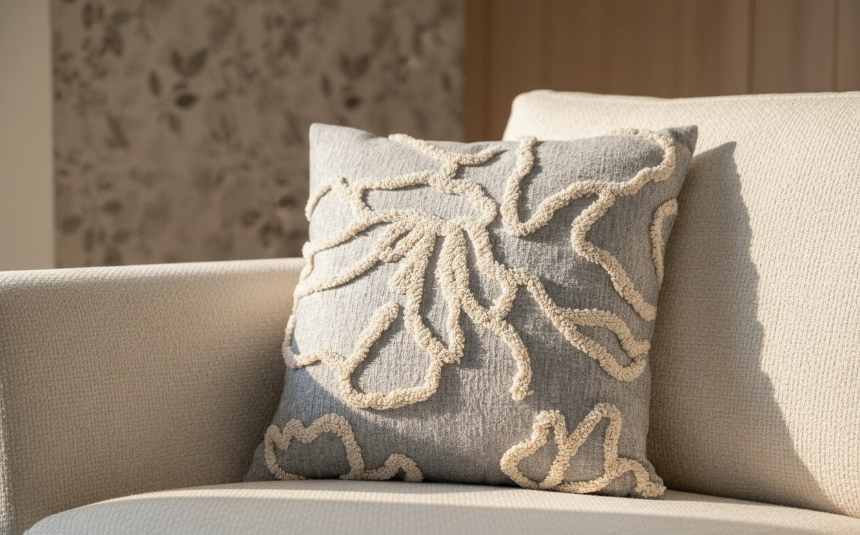 Flower Tufted Grey Pillow