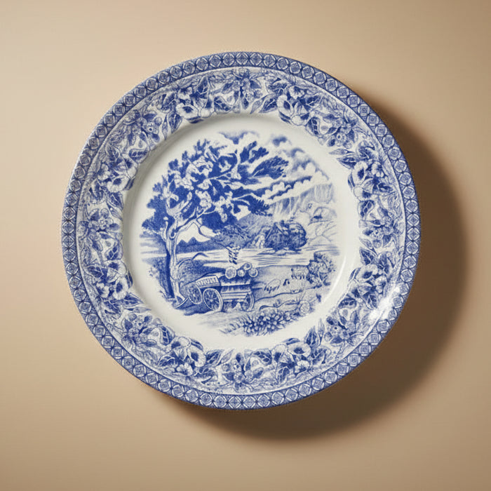 A blue and white plate with a classic garden scene printed in the center and a decorative border.