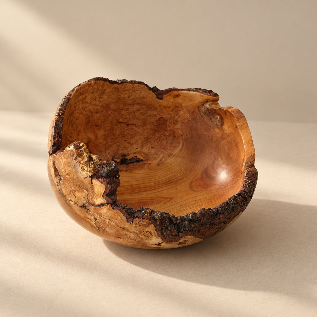 A handcrafted wooden bowl with a natural live-edge bark finish