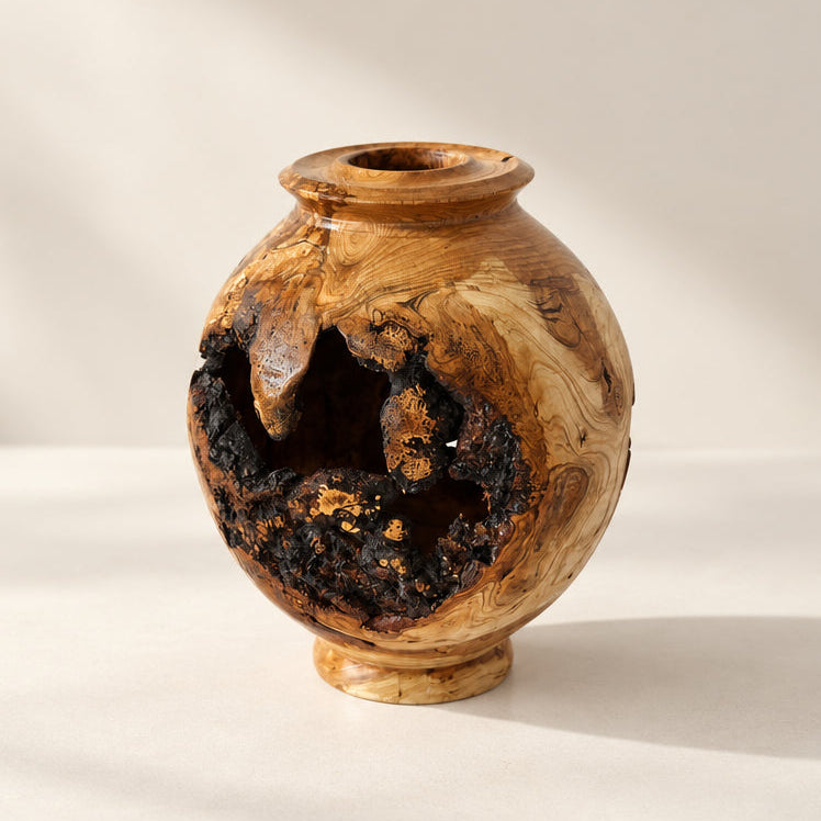 A small decorative vase made from a natural burl wood piece, featuring a rounded body, a short neck, and a hollowed-out dark section 