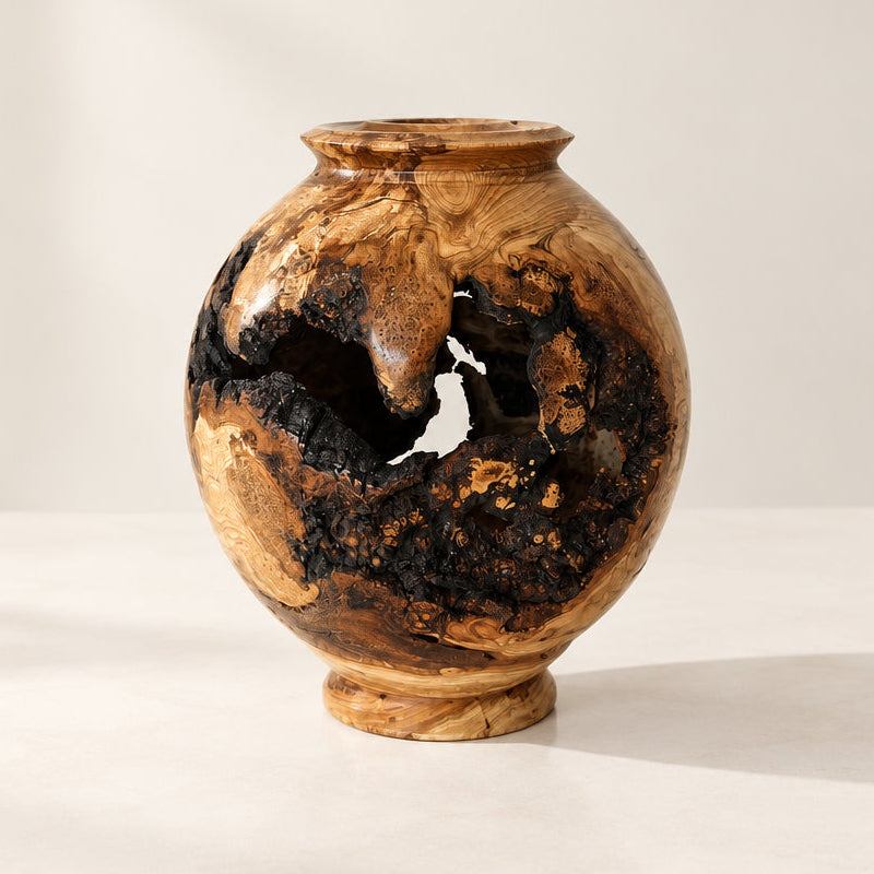 A small round ceramic vase with a glossy finish, featuring a natural wood-grain pattern with prominent black and dark brown burnished or charred areas 