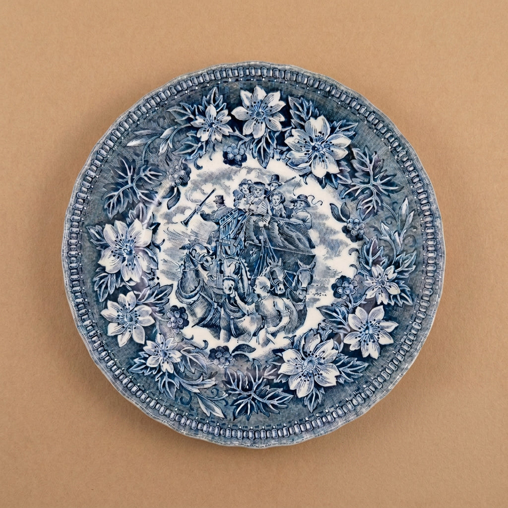 A round blue and white embossed ceramic plate or dish with floral borders and a central classical scene