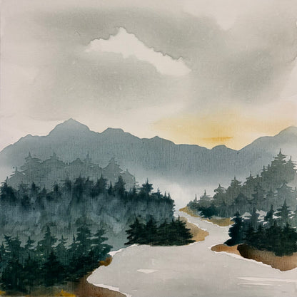 Painting of mountains, tree and sky