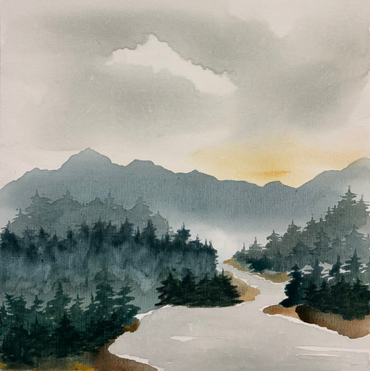 Painting of mountains, tree and sky