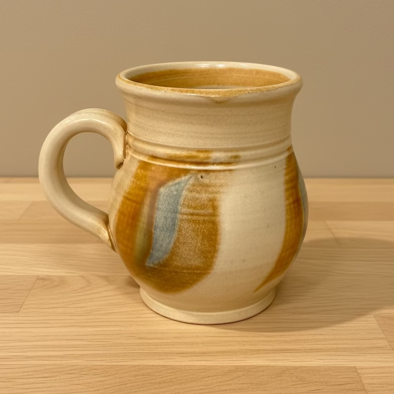A handmade ceramic mug with a cream-colored glaze, brown and orange-brown painted accents.