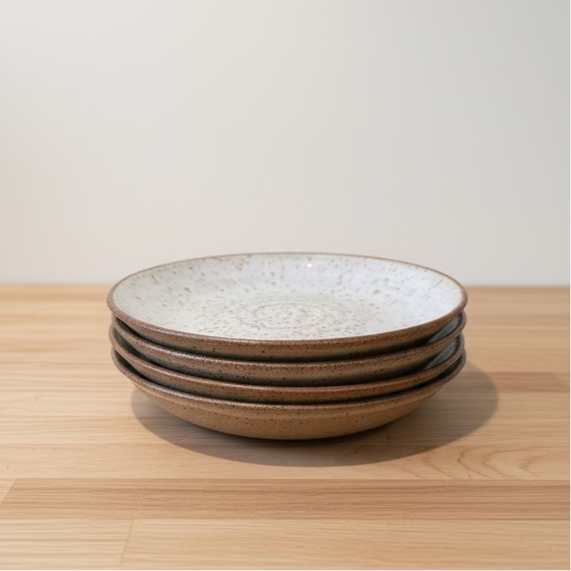 A stack of four round ceramic plates with a speckled off-white interior and a brown glazed rim.