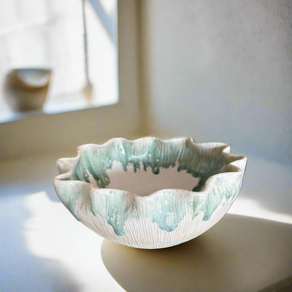 White and Aqua Scalloped Bowl
