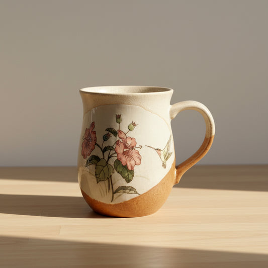 A ceramic mug with a speckled beige and brown glaze, decorated with pink hibiscus flowers, green leaves, and a hummingbird 