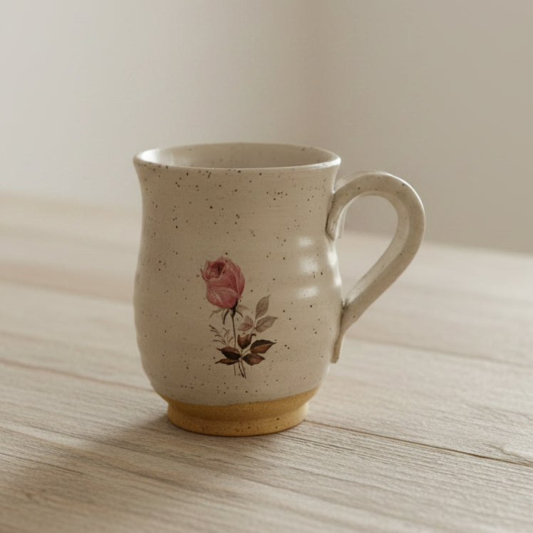 A handmade ceramic mug with a textured speckled beige glaze, featuring a pink rose illustration