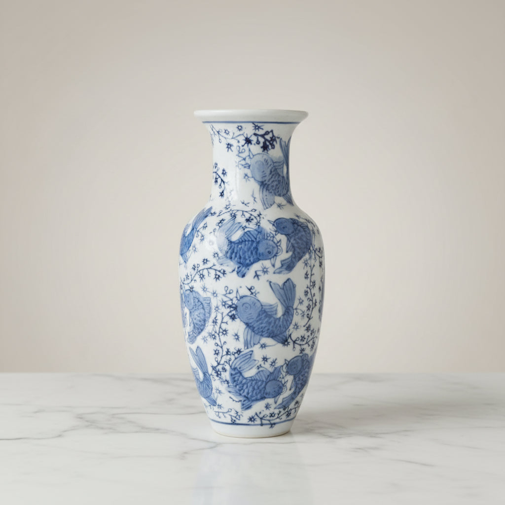A small white ceramic vase with a blue floral and fish pattern.
