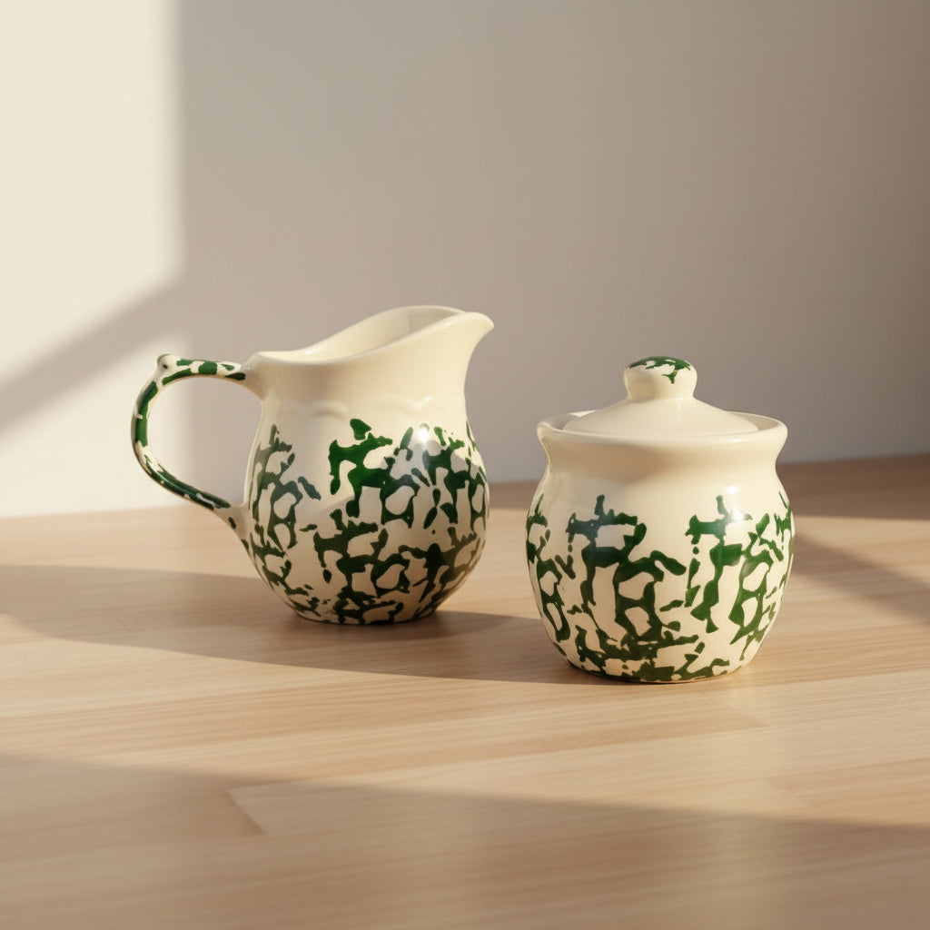 A ceramic pitcher and matching sugar bowl with a lid, both decorated with a green spongewear pattern on a cream glaze
